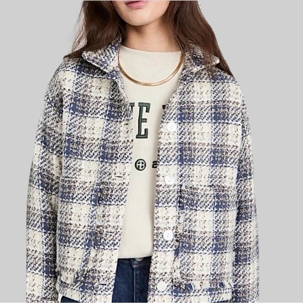 NWT BlankNYC Cropped Tweed Jacket In Blue Cream Plaid Size Large - Picture 3 of 16